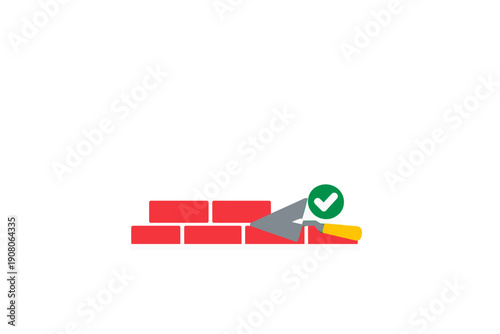 A 3D illustration of red bricks being laid with a metal trowel on a black background. A green checkmark icon signifies completion or quality in construction work.