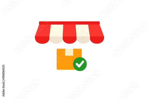 A flat illustration of a red and white striped store awning positioned above an orange cardboard box with a green checkmark icon, symbolizing a successful delivery or order pickup.