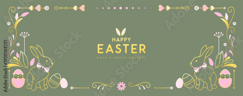 Happy Easter  poster or greeting card with rabbits, floral decorative elements and Easter eggs on green background. Easter frame. Vector illustration