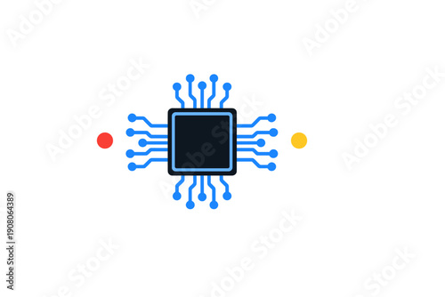 A minimalist graphic of a computer microprocessor with blue circuit lines extending from its sides, featuring a red dot on the left and a yellow dot on the right against black.