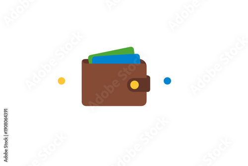 A brown wallet illustration with a yellow snap button contains a green and a blue card, positioned between two circular accents on a dark textured background with a minimalist style.