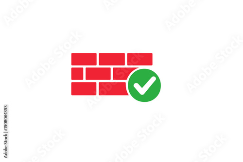 A red brick wall icon representing a firewall with a green checkmark symbol indicating security, protection, and successful verification against a solid black background.