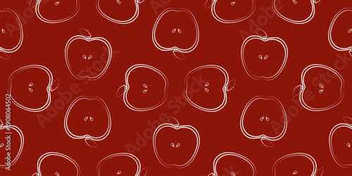 apple seamless pattern. apple seamless pattern with outline style on a red background. minimalist apple seamless vector pattern with repeating fruit elements for branding and surface design.
