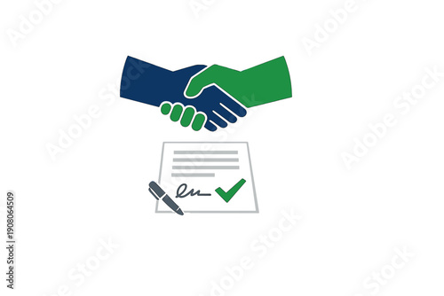 An illustration of a blue hand and a green hand shaking above a white document with a signature, a green checkmark, and a pen, all set against a solid black background.