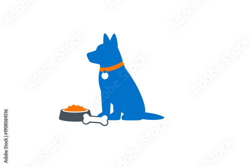 Minimalist vector illustration of a blue dog silhouette sitting beside a bowl of orange kibble and a white bone. The pet wears an orange collar against a solid black background.