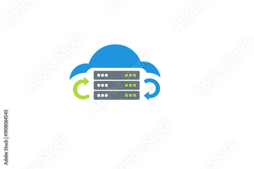 A blue cloud icon containing three grey server racks with green and blue circular arrows on either side, representing cloud computing, data synchronization, and backup services.
