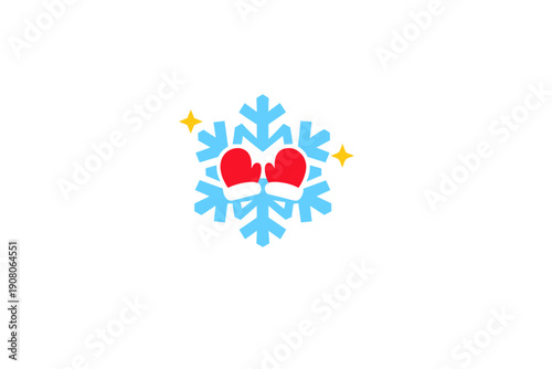 A graphic illustration featuring a light blue snowflake with a pair of red mittens in the center, accented by two yellow stars on a solid black background.