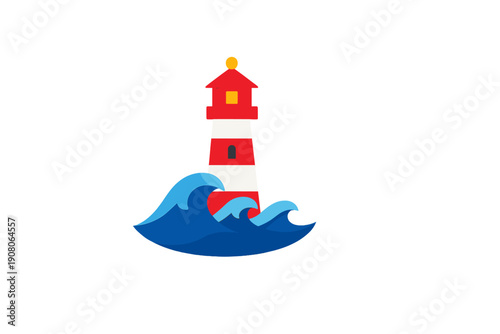 A stylized illustration of a red and white striped lighthouse standing amidst blue ocean waves against a black background. The lighthouse features a yellow light at the top.