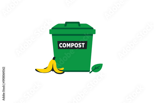 This flat illustration features a green compost bin labeled with text, a yellow banana peel, and a leaf. It symbolizes organic waste management and eco-friendly recycling practices.