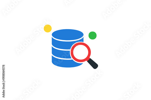 A blue database icon with a magnifying glass over it, representing data search and analysis. Small yellow and green circles float around the central graphic on a black background.