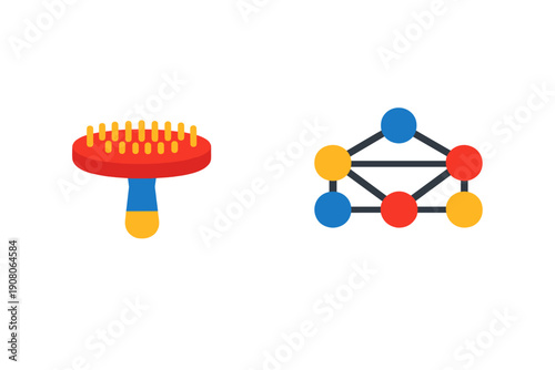 A flat illustration featuring a red brush with yellow bristles and a blue handle next to a network diagram with colorful nodes connected by lines on a black background.