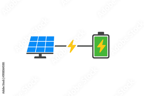 A simple illustration of a blue solar panel connected to a green battery icon with yellow lightning bolts, representing renewable energy storage on a black background.