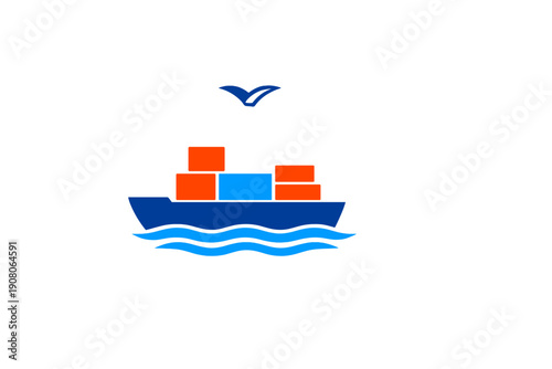 A minimalist vector illustration of a cargo ship carrying orange and blue containers on wavy water with a bird flying above, set against a solid black background.