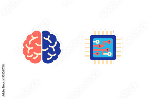 A flat vector illustration featuring a human brain icon with red and blue halves next to a computer chip icon, representing artificial intelligence and technology on a black background.