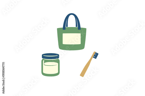 A flat illustration of eco-friendly personal care items including a green tote bag, a jar of cream, and a wooden toothbrush, all set against a solid black background.