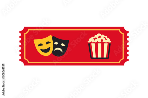 A red movie ticket illustration featuring yellow comedy and black tragedy theater masks alongside a striped popcorn bucket, set against a solid black background.