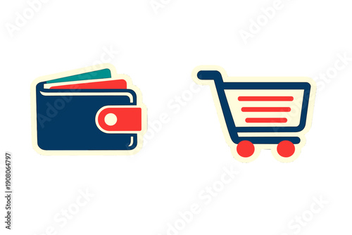 Stylized icons of a blue wallet with cards and a shopping cart with red wheels are displayed on a black background. These flat graphic elements represent shopping and financial transactions.