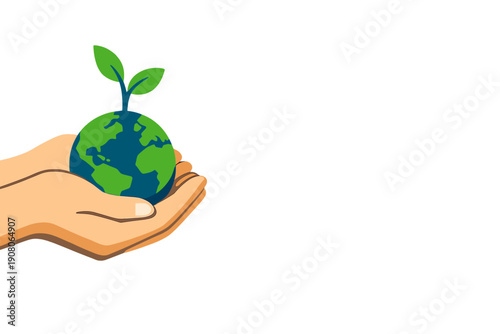 A pair of hands gently cradles a small globe of the Earth with a green plant sprout growing from the top, symbolizing environmental protection and sustainability on a black background.