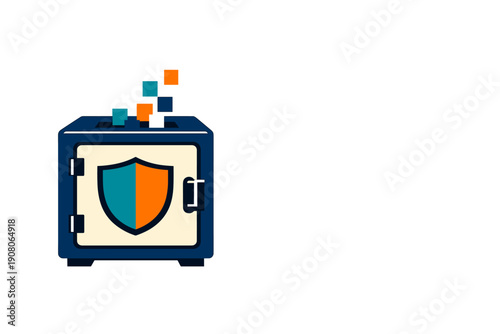 A stylized illustration of a dark blue safe with a shield emblem on the door. Colorful digital blocks float from the top against a black background for secure data storage.