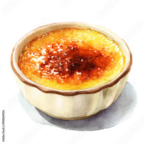 Creme Brulee watercolor vector illustration, high-quality artwork isolated on a pure white background.