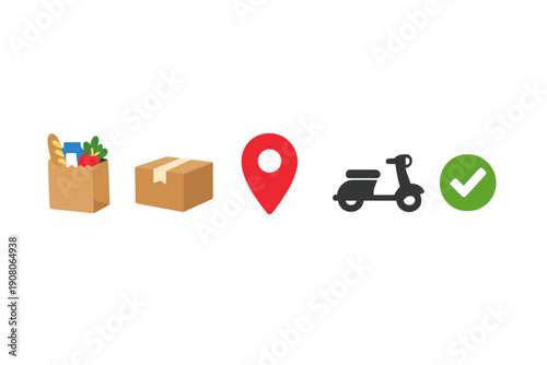 A sequence of colorful icons on a black background showing a grocery bag, a cardboard box, a red location pin, a black scooter, and a green checkmark representing a delivery process.