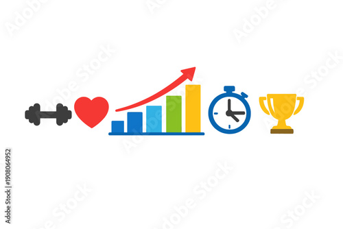 A sequence of colorful icons on a black background representing fitness and success, including a dumbbell, a red heart, a rising bar chart, a blue stopwatch, and a golden trophy cup.