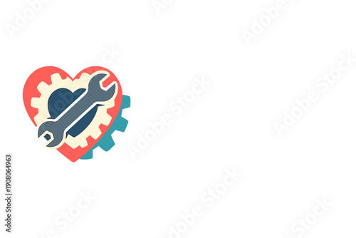A stylized illustration of a red heart containing gears and a wrench on a black background, symbolizing emotional repair, health maintenance, or mechanical love.