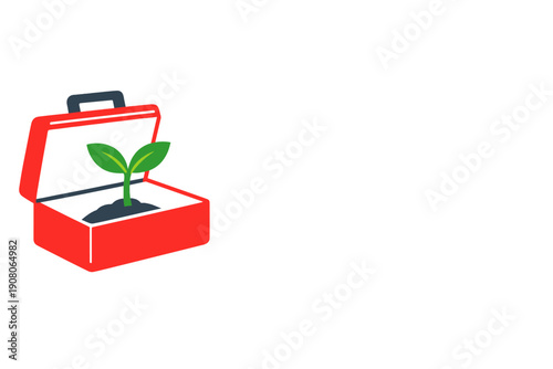 An open red toolbox contains a small green sprout growing from a mound of dark soil. This simple illustration on a black background represents environmental tools and sustainable growth.