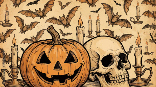 Vintage Halloween Background: Jack-o'-Lantern, Skull, Candles, and Bats Engraving Style Illustration