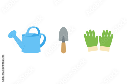 This flat illustration features essential gardening tools including a blue watering can, a metal hand trowel with a wooden handle, and a pair of green protective gloves on a black background.
