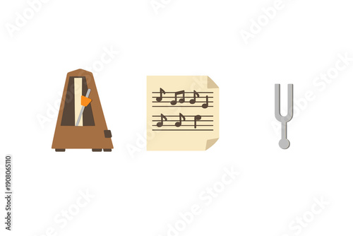 A brown mechanical metronome, a piece of sheet music with musical notes, and a silver tuning fork are displayed as icons against a solid black background in a flat design style.