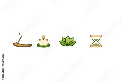 A set of four wellness icons including a burning incense stick, a lit candle, a green lotus flower, and an hourglass with green sand, all set against a solid black background.
