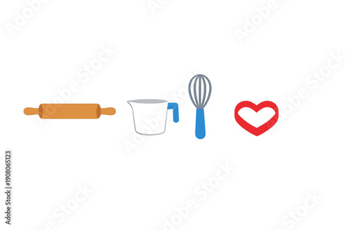 A set of four baking-themed icons including a wooden rolling pin, a white measuring cup, a metal whisk with a blue handle, and a red heart sticker, all isolated on a black background.