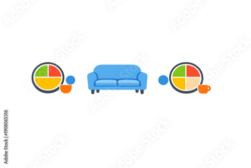 A blue sofa is positioned between two colorful plates divided into four sections, each accompanied by a blue circle and an orange cup against a black background.