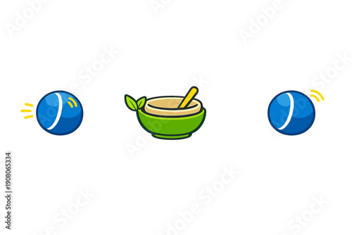 Three cartoon icons featuring two blue balls with motion lines and a green bowl with a wooden spoon and leaves, all set against a solid black background with white outlines.
