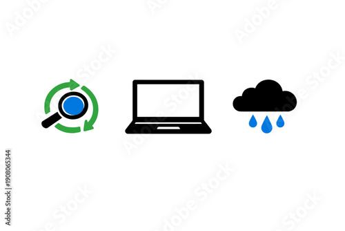 A graphic illustration featuring a magnifying glass icon within a green circular arrow loop next to a cloud icon with blue water droplets on a black background.