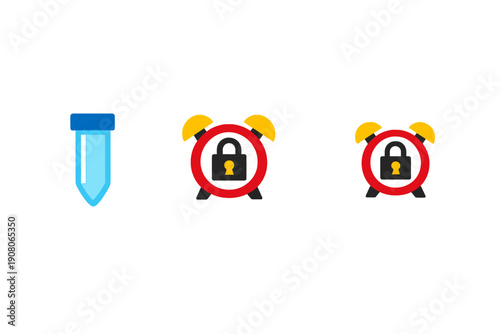 A blue laboratory test tube with a dark blue cap stands next to two red alarm clocks with yellow bells and a black padlock icon on their faces, all set against a solid black background.