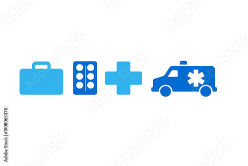 This image features four blue medical icons: a first aid bag, a blister pack of pills, a medical cross, and an ambulance, arranged horizontally on a black background.