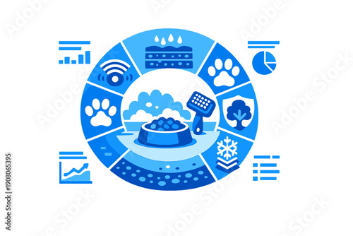 This blue vector illustration features a pet food bowl at the center of a circular diagram with icons for technology and health, accompanied by various data visualization charts.