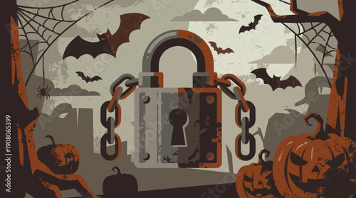 Grunge Halloween Lock and Chain Illustration in a Spooky Graveyard Setting with Pumpkins, Bats, and Spiderwebs.