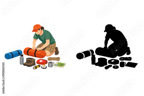 A man in a green shirt and orange cap kneels on the ground while organizing various camping gear including a sleeping bag, first aid kit, map, and boots on a black background.