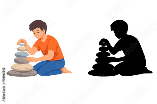 A young man wearing an orange t-shirt and blue trousers is kneeling while carefully balancing a stack of smooth grey stones. This vector illustration depicts a calm and focused activity.
