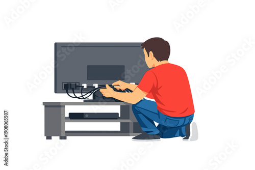 An illustration of a man wearing a red t-shirt and blue jeans squatting to connect black wires to the back of a television set placed on a grey wooden media console cabinet.