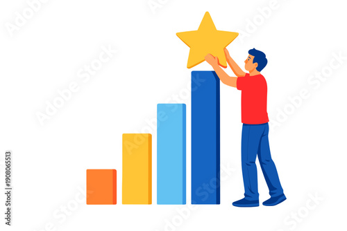 An illustration of a man placing a yellow star on the highest bar of a colorful rising graph. It symbolizes growth, success, and reaching the top of a performance ranking.