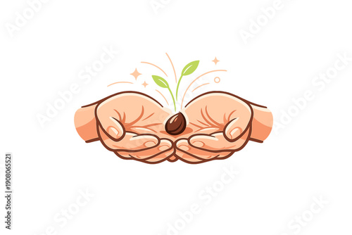 An illustration of two hands cupped together holding a single brown seed from which a small green sprout with two leaves is growing, set against a solid black background.