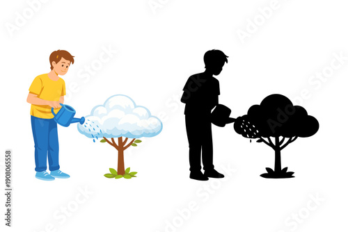 A young man in a yellow shirt and blue pants uses a blue watering can to water a small tree that has a fluffy white cloud instead of leaves on its branches.