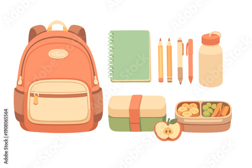 A collection of school essentials including an orange backpack, a green spiral notebook, writing tools, a water bottle, and a healthy lunch box with an apple on a black background.