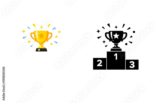 A golden trophy cup with a star sits next to a winner's podium numbered one, two, and three. Colorful confetti bursts around the award against a dark background in this vector illustration.