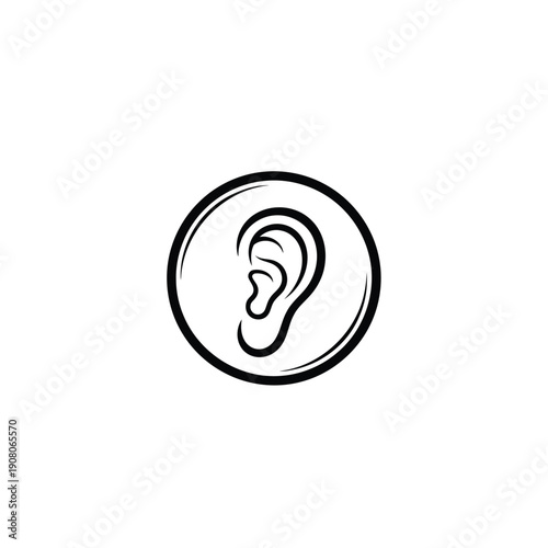 Simple black and white icon of a human ear enclosed in a circle