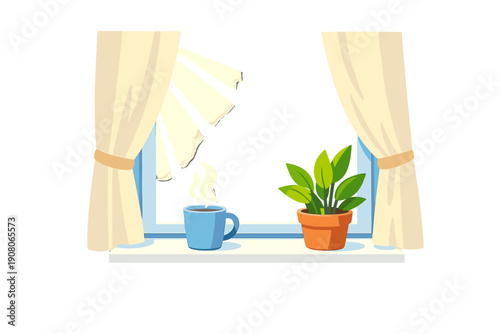 A cozy morning scene featuring a steaming blue mug and a green potted plant sitting on a white windowsill. Sunlight streams through an open window with cream-colored curtains.